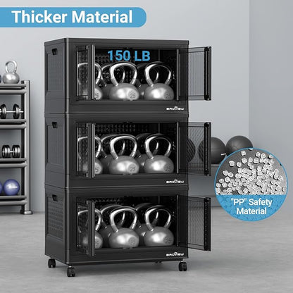 400Qt Stackable Storage Bins with Lids, 100Gal Closet Organizers and Storage Drawer, Plastic Collapsible Storage Bins with Doors, Heavy Duty Store Box Cabinet for Home Kitchen, 4Pack Black