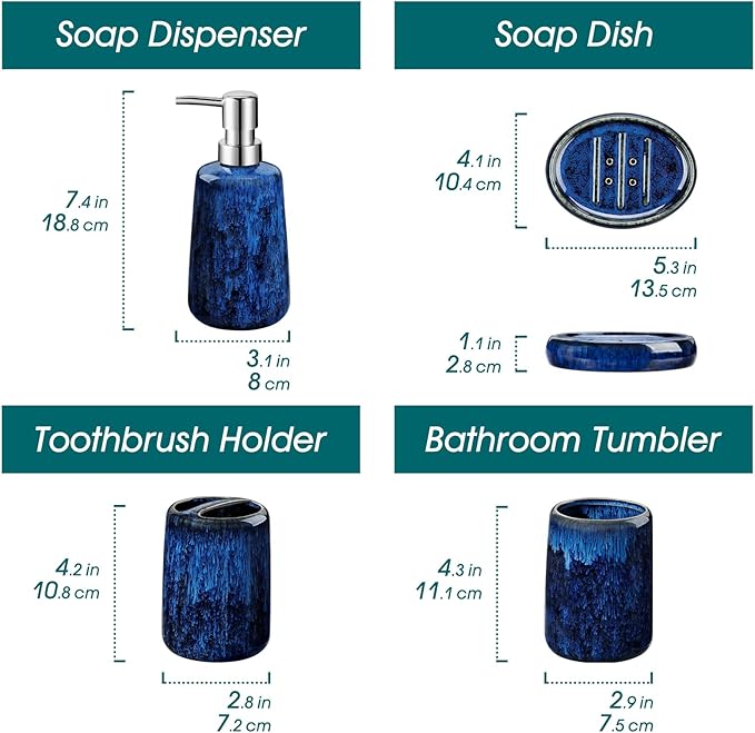 vancasso Blue Bathroom Accessories Set, Ceramic Soap Dispenser and Toothbrush Holder Sets, Stoneware 4 Pcs Bathroom Sink Set for Modern Home Decor, Series Starry