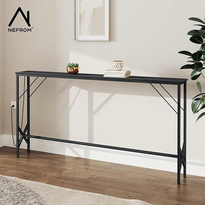 63'' Console Table, Skinny Entryway Table with Fast-Charging Station, Narrow Long Sofa Table, Behind Slim Couch Table for Entrance, Hallway, Living Room Decor ST-BK160-1