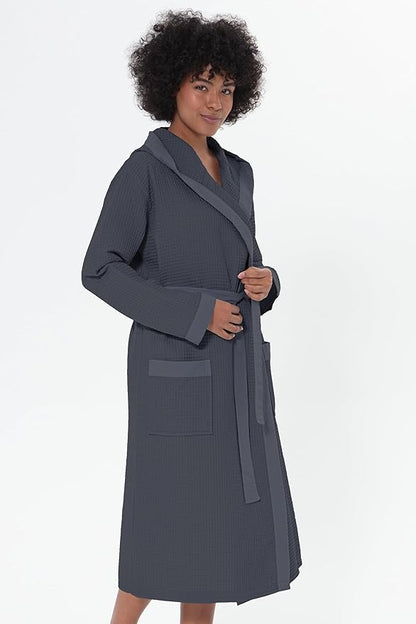 Women’s Luxury Waffle Shawl Collar, Hooded Robe w Piping – Lightweight, Long, Ultra Soft Spa Sleepwear Bathrobe