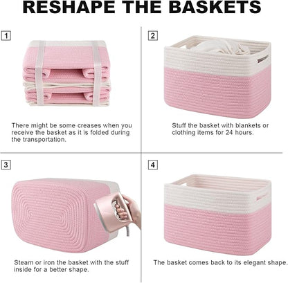4 Pack Storage Baskets for Organizing, Woven Baskets for Shelves - Perfect for Toys, Books, Towels, and Clothes, Durable Gift Basket Bins Toy Storage, 12.7''Lx9''Wx7.8''H, Pink & White