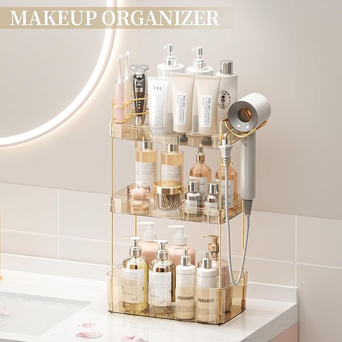 Bathroom Counter Organizer with Hair Dryer Holder, Hair Tool Countertop Storage, Cosmetics Skincare Shelf Organizer, Makeup Organizer Perfume for Dresser Vanity Tray(3 Tier-Gold)