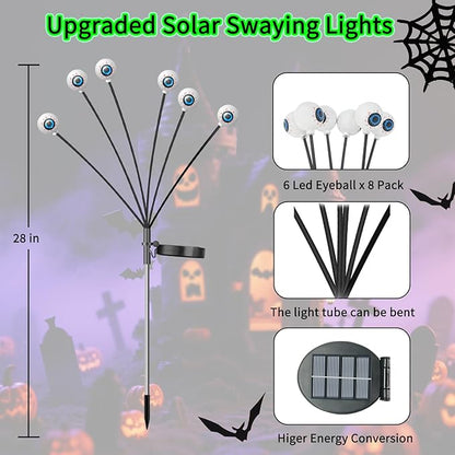 VOTTGO Halloween Solar Lights Outdoor, 8 Pack 48LED Scary Solar Eyeball Pathway Lights, 2 Modes Waterproof Swaying Solar Firefly Lights for Garden Yard Pathway Halloween Decorations, Purple + Orange