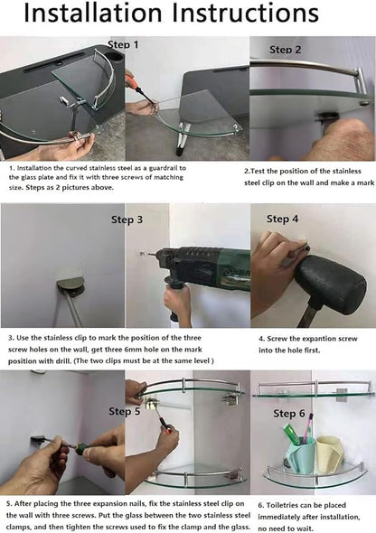 Bathroom Corner Shower Caddy, 9.5" Tempered Glass Bathroom Shelves for Wall Mounted, 2 Tier Glass Shower Caddy Organizer and Storage, Clear Corner Shelf wtih Black Rustproof Rail