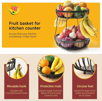 2 Tier Fruit Basket for Kitchen Counter with 2 Banana Hangers, 2025 Pro Detachable Metal Fruit Bowl with Wooden Handle,Fruit Holder for Bread Snack Veggies, Black Extra Large