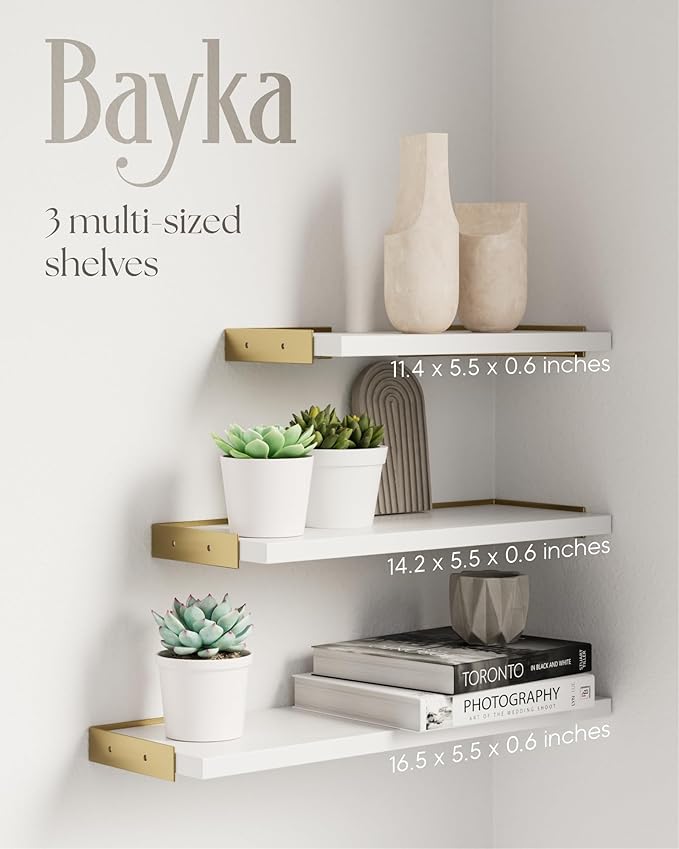BAYKA Wall Shelves for Bedroom Decor, Floating Wall Shelves for Living Room Kitchen Storage, Wall Mounted Rustic Wood Shelves for Kids Books,Corner Shelves for Bathroom(White and Gold，Set of 3)