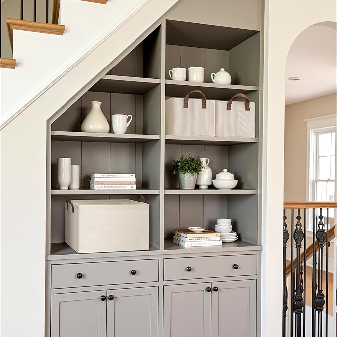 StorageWorks Storage Bins, Shelves Baskets for Organizing, Large Fabric Closet Organizers with Handles, Metal Frame, Beige（Texture）, 2-Pack