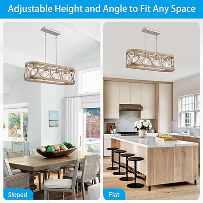 XINGQI Kitchen Island Chandelier for Dining Room Modern Farmhouse Rectangle Pendant Lighting Fixture Vintage Linear Hanging 4-Light Rustic Living Room, Antique Brushed Nickel and Wood Grain Finish