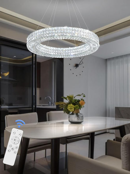 Dia 32" Ring Crystal Chandelier Modern Silver Ring Chandelier Adjustable Height Luxury Crystal Pendant Ceiling Light Fixture for Dining Living Room Bedroom
