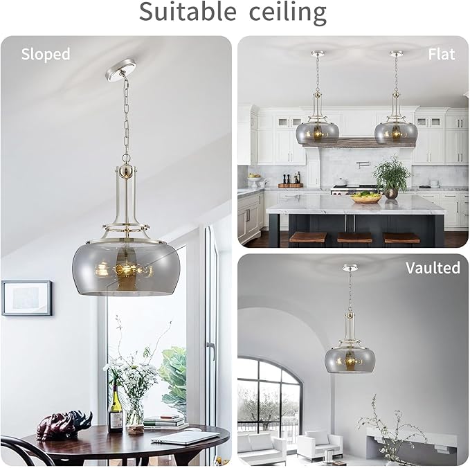WUZUPS Nickel Chandelier Rustic Farmhouse Industrial Round Ceiling Pendant LED Light Fixture Electroplated Gray Glass Shade for Dining Room Kitchen Island Foyer Entryway, H 20.9" W 15.9", E26 Base