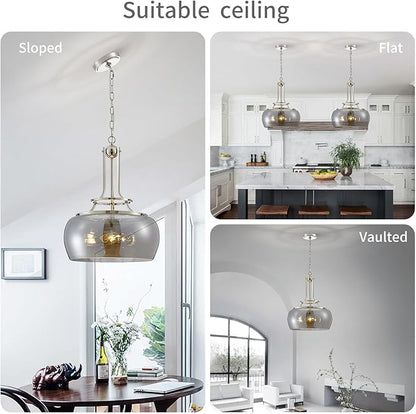 WUZUPS Nickel Chandelier Rustic Farmhouse Industrial Round Ceiling Pendant LED Light Fixture Electroplated Gray Glass Shade for Dining Room Kitchen Island Foyer Entryway, H 20.9" W 15.9", E26 Base