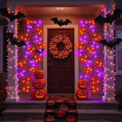 7 Ft Halloween Decorations Willow Vine Twig Garland with 8 Modes Timer 63 LED Orange Purple Lights, Halloween Garland with Waterproof Battery Operated for Wall Fireplace Decorations Indoor Outdoor