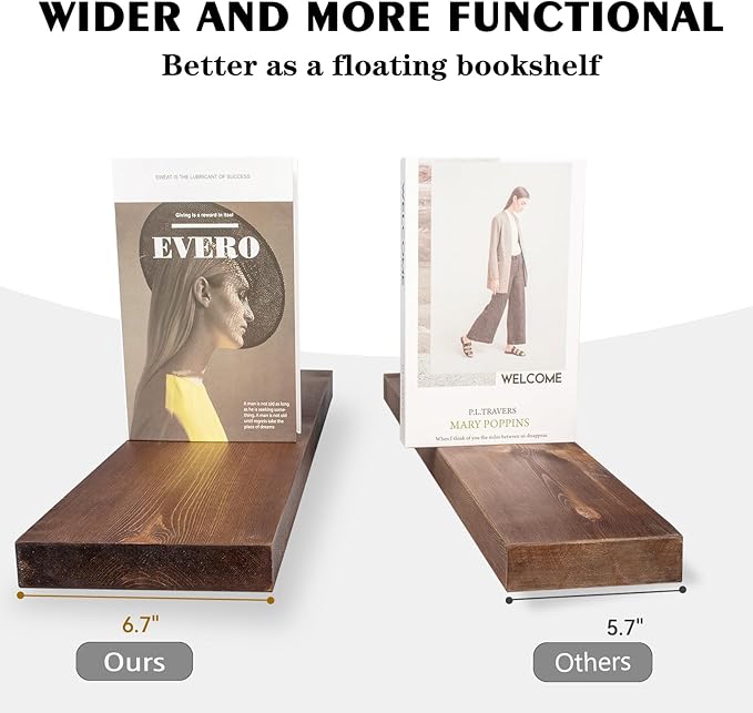 BGMG 36 inch Walnut Floating Shelves for Wall Set of 2, Solid Real Wood Rustic Mount Shelves for Living Room Bedroom Kitchen Farmhouse with Sturdy Hidden Bracket-36x 6.7 x1.25 inch