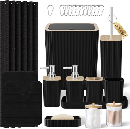 Bathroom Set - 25PC Black Bathroom Set with Shower Curtain and Rugs, Bathroom Accessories Set, Black Shower Curtain Set with Bathroom Trash Can