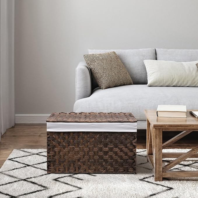 Wicker Storage Basket with Lid, 17.2 Gallon (65L) Small Blanket Basket with Lid, Woven Storage Bin with Handles, Removable Liner, Metal Frame, Foldable, for Bedroom, Laundry Room, Brown