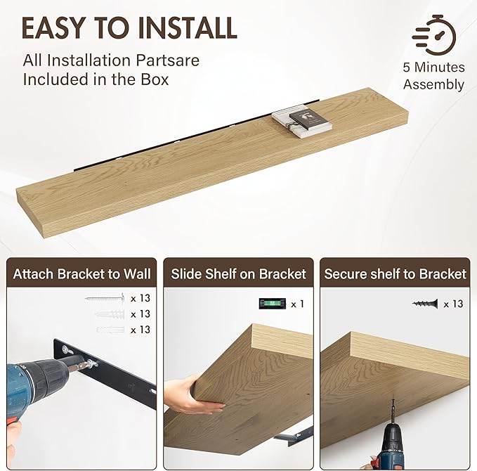 72 Inch Floating Shelves, 12" Deep Floating Shelf Wall Mounted, 72" Wall Shelves, Rustic Deep Bookshelf, Extra Deeper & Thicker Display Shelves for Bedroom, Living Room, Oak, Set of 1