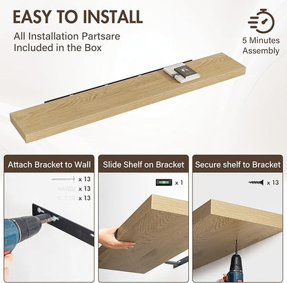 72 Inch Floating Shelves, 12" Deep Floating Shelf Wall Mounted, 72" Wall Shelves, Rustic Deep Bookshelf, Extra Deeper & Thicker Display Shelves for Bedroom, Living Room, Oak, Set of 1