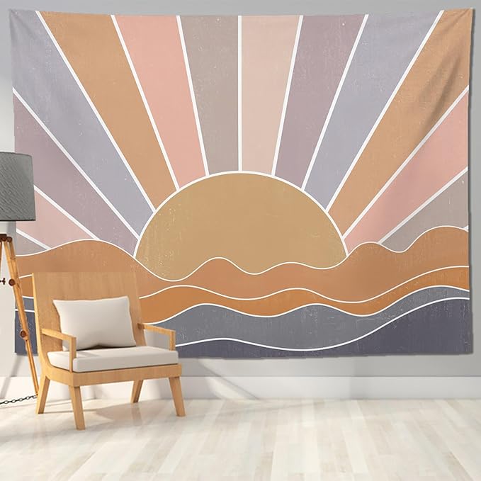 keowhsf Boho Sun Mountain Tapestry Wall Hanging - Retro 70s Vintage Rainbow Sunrise Sunset Design, Abstract Geometric Hippie Art Tapestry for Bedroom, Living Room & Dorm Decor