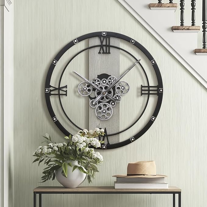 Micasso 24 inch Large Real Moving Gears Wall Clock: Black Industrial Steampunk Roman Numeral Clock - Modern Wall Decor for Living Room/Entryway/Office