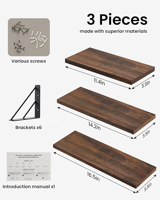 BAYKA Wall Shelves for Bedroom Decor, Floating Wall Shelves for Living Room Kitchen Storage, Wall Mounted Rustic Wood Floating Shelves for Kids Books,Corner Shelves for Bathroom(Set of 3)