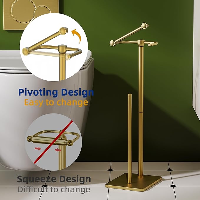 RUACQ Toilet Paper Holder Stand, Bathroom Toilet Paper roll Holder Free Standing with Storage for 4 Rolls, Post Pivoting Design, Stable Weighted Base, SUS304 Stainless Steel (Brushed Gold)