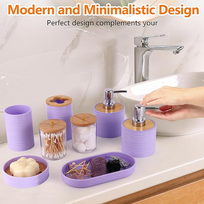 Purple Bathroom Set, 25 PCS Bathroom Accessories Set with Shower Curtains, Rugs, Trash Can, Toothbrush Holder, Soap Dispensers, Toothbrush Cup, Vanity Tray, Soap Dish, Toilet Brush, Qtip Holders