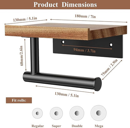 Tindbea Toilet Paper Holder with Wood Shelf, Wooden Wall Mount Tissue Paper Roll Holder, Matte Black Stainless Steel Bathroom Accessories Decor for Home (Sapele, Matte Black)