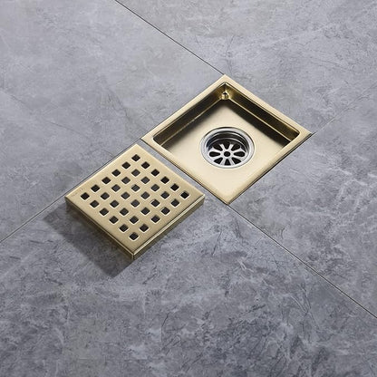 4 Inch Brushed Gold Shower Floor Drain Square for Bathroom Kitchen Removable Grill Plate Cover with Flange Kit, Sus304 Stainless Steel Brass Finish
