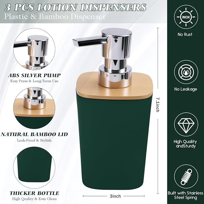 Dark Green Bathroom Accessories, Green Bathroom Accessories Set with Trash Can, Soap Dispenser, Toothbrush Holder, Toothbrush Cup, Soap Dish, Toilet Brush, Tray and Q-tip Holders