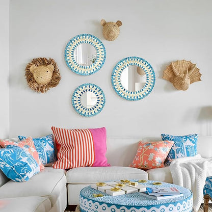 TEIPAI Handmade Mother of Pearl Mirror for Wall Decor, 3PCS Round Decorative Mirrors for Beach Nautical Home Hotel Coffee Shop, Natural Plate Art Hanging Sculpture for Dorm Apartment Entryway (Blue)