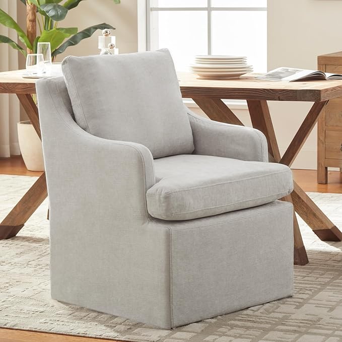 VKNOW Upholstered Dining Chairs Set of 2, Modern Kitchen Chairs Dinner Chairs with 4 Casters, Linen Armchair for Bedroom Reading Room Living Room, Light Grey