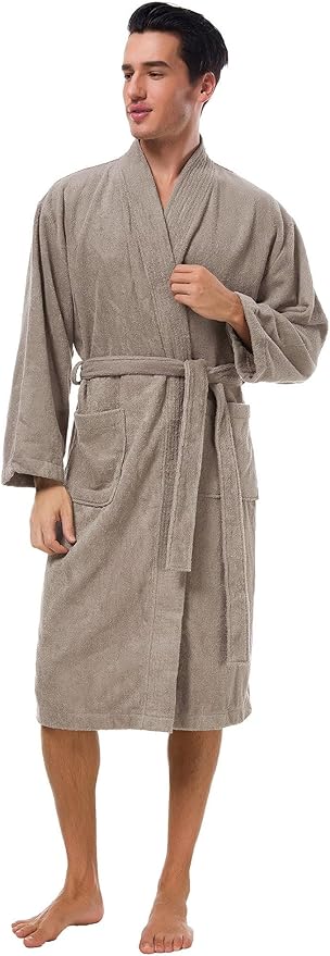 SIORO Mens Robe Terry Cloth Kimono Bathrobe Cotton Soft Shower Towel Bath Robes Calf Length Housecoat for Spa Hotel Hot Tub