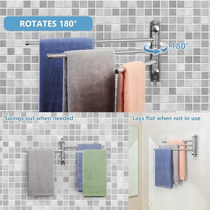 Towel Rack Wall Mounted JSVER 3 Arms Bathroom Towel Rack, 180° Rotation Space Saving Towel Holder for Bathroom