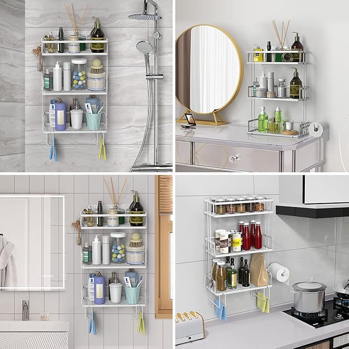 Over The Toilet Storage,3-Tier Bathroom Organizer Shelves with Paper Holder, Multifunctional Toilet Rack,No Drilling Storage Shelf, Home Storage Space Saver Wall Mounting Design,White
