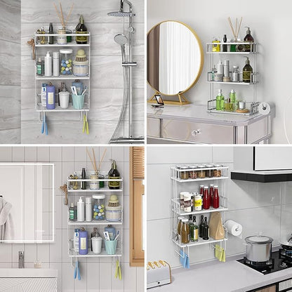 Over The Toilet Storage,3-Tier Bathroom Organizer Shelves with Paper Holder, Multifunctional Toilet Rack,No Drilling Storage Shelf, Home Storage Space Saver Wall Mounting Design,White