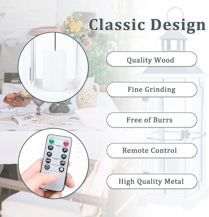 Bdor 26in Farmhouse White IP65 Waterproof Wood Metal Decorative Lanterns with Remote Control, Timer, Tempered Glass, Flameless Pillar Candles, Decorative Lanterns for Home Decor, Front Porch, Wedding