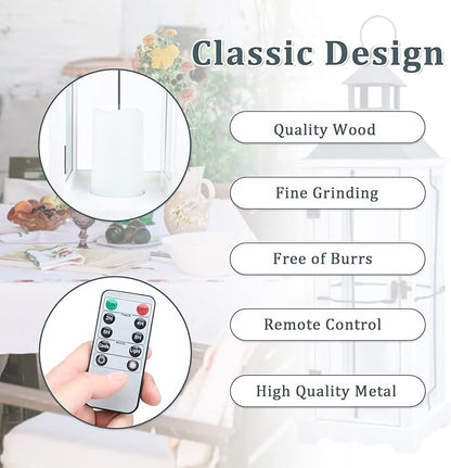 Bdor 2 Pack 26in Farmhouse White Waterproof Wood Metal Decorative Lanterns with Remote Control, Timer, Tempered Glass, Flameless Pillar Candles, Decorative Lanterns for Front Porch, Wedding