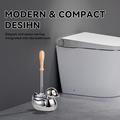 Toilet Brush Holder Set - Ceramic Silver Toilet Scrubber Brush with Duck Base, Bathroom Cleaning Brush, 7.5" Cute Toilet Brush Organizer, Home Decor& Easy Wipe Clean