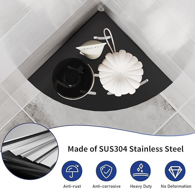 2 Pack Corner Shower Shelves Load Capacity 40 lbs 304 Stainless Steel Shower Corner Shelf Will not Rust 8in Shower Shelf for Inside Shower Matte Black Drilling Installation