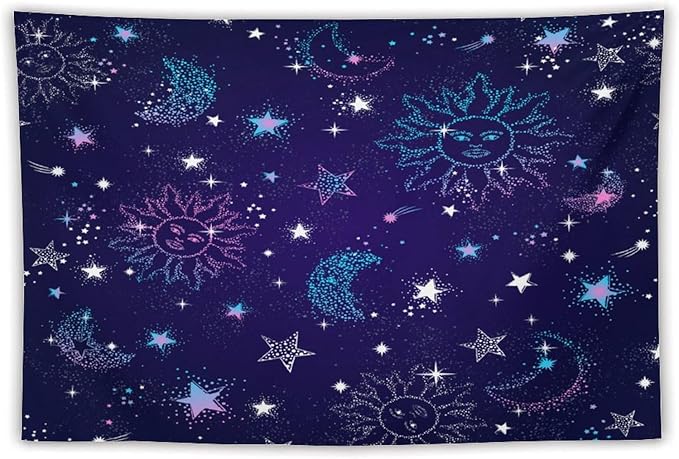 HZOHNAGO Boho Sun Moon Tapestry Purple Blue Sun Stars Galaxy Pattern Printed Wall Tapestry Wall Hanging for Bedroom Living Room Dorm 90" W x 60" H