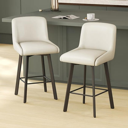 Swivel Bar Stools, 26''H Upholstered Barstools with Backs, Modern Counter Height Bar Stool Chairs for Kitchen Island, Metal Legs (Antique White- Faux Leather, Set of 2-26" H)