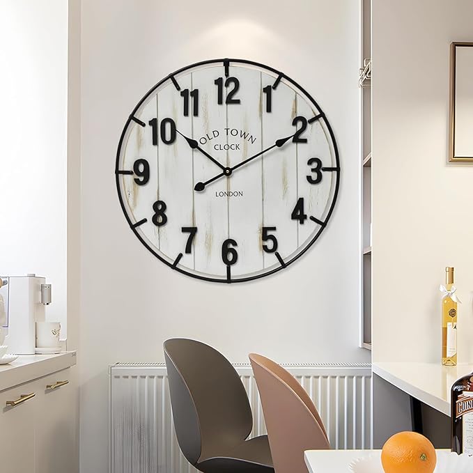 Large Old Town Farmhouse Wall Clock – 24 Inches Rustic Antique Wood with Metal Circle and Large Numerals, Silent Battery Operated Clock for Office, Kitchen, Bedroom, Living Room (Washed White)