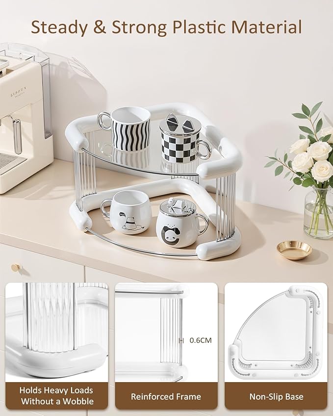 Corner Bathroom Counter Organizer, Perfume Skincare Organizers and Storage Countertop, Makeup Shelf for Vanity Dresser, Tiered Counter Top Skin Care Holder, 2 Tier, White