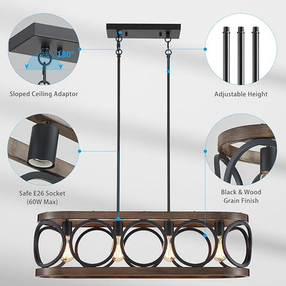 XINGQI Rectangular Linear Kitchen Island Chandeliers Over Table 32.7" Black Pendant Lighting Fixtures Farmhouse 4-Light for Dining Room Bar Office Coffee Shop, Black Wood Grain