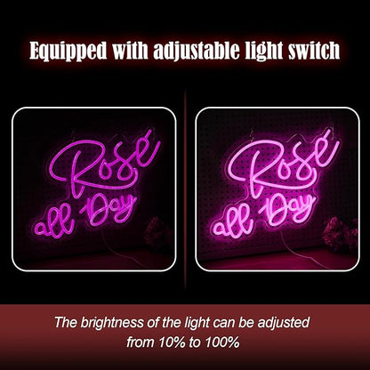 Rose All Day Neon Sign LED Pink Rose Neon Light For Wall Decor Dimmable USB Words Light Up Sign for Bedroom Wedding Party Atmosphere Decor Lovers Gift(12.2 * 16.1 In)