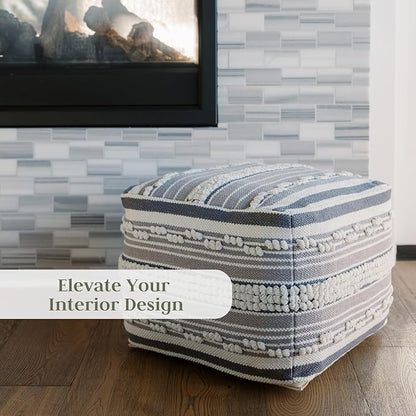 Pouf Ottoman, Square Hand Woven Loop and Striped Ottoman Pouf for Living Room or Bedroom, Floor Chair, Foot Rest or Decorative Home Decor