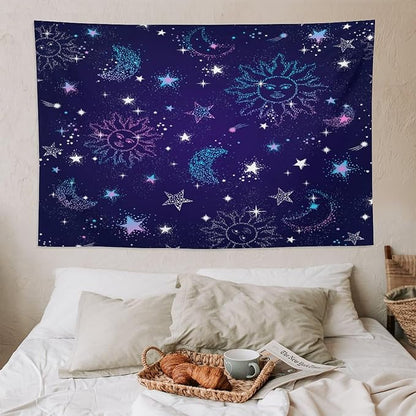 HZOHNAGO Boho Sun Moon Tapestry Purple Blue Sun Stars Galaxy Pattern Printed Wall Tapestry Wall Hanging for Bedroom Living Room Dorm 90" W x 60" H