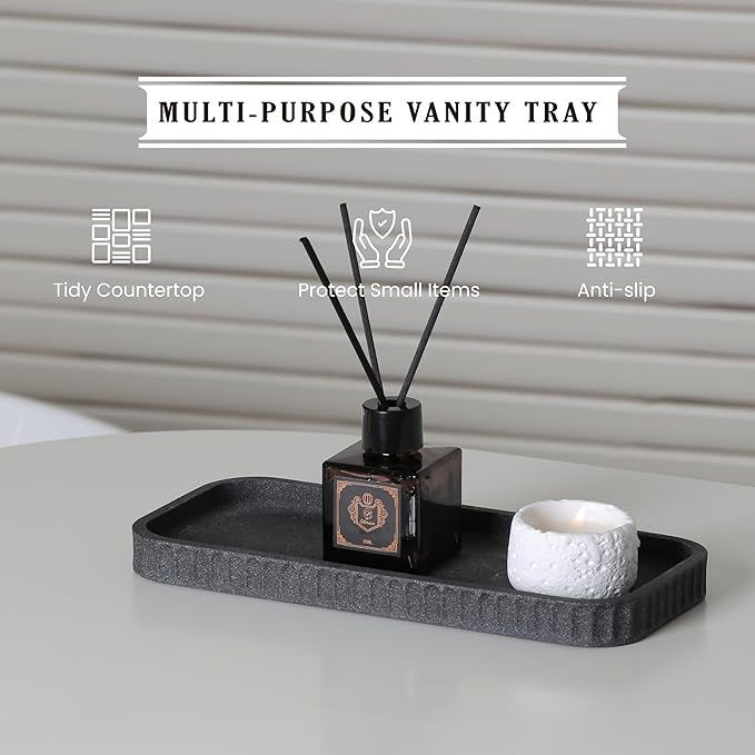 Bathroom Accessory Set - 6 Pieces Bathroom Accessories Set Complete with Soap Dispenser, Toothbrush Holders, Tumbler, Vanity Tray and 2 Qtip Holder for Home Organizer and Decor, Dark Grey