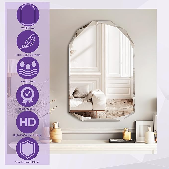 Bathroom Mirror for Wall, 30" x 40" Arched Mirror, Bathroom Vanity Mirrors, Beveled Edge Frameless Wall Mount Vanity Mirror, Wall Mirror Decorative, Irregular Beveled Edge Mirror