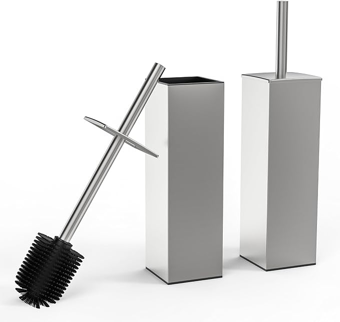 RUACQ Toilet Brush and Holder Set 2pcs,Square Toilet Bowl Brush for Bathroom with 304 Stainless Steel Handle Toilet Cleaner Brush with Durable Scrubbing Bristles,Splash-Proof (Brushed Nickel)